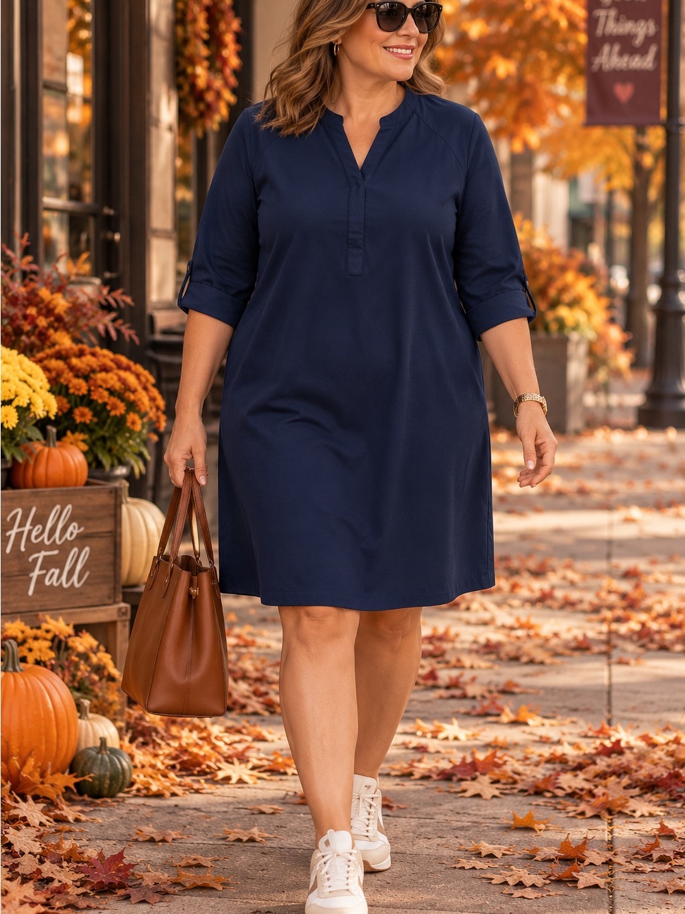 Chico's Navy V-Neck Shift Dress with Roll-Tab Sleeves